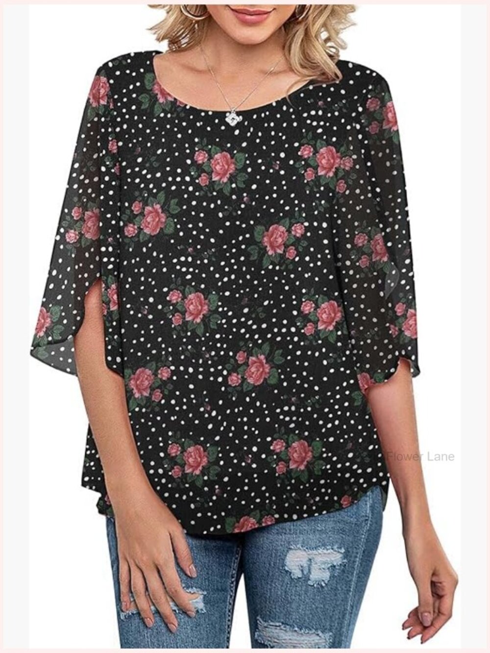 Women's 3/4 Sleeve Chiffon Blouse Ruffled Scoop Neck Loose Top
